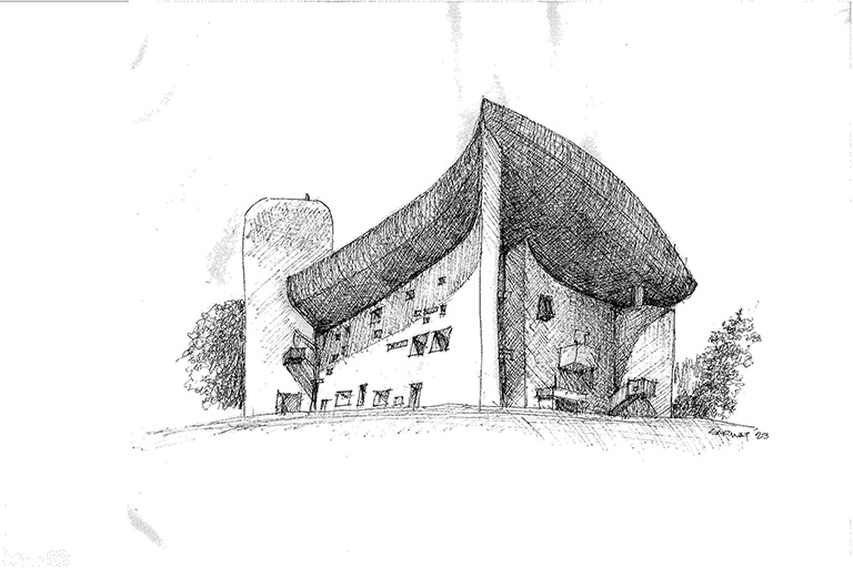 Sketch of Le Corbusier's Ronchamp chapel by Sarwat Ahmed